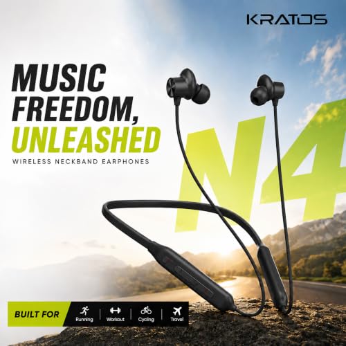 Image of Kratos N4 Bluetooth Neckband with 55H Playtime, Deep Bass, Stereo Sound, HD Calls, Magnetic Earbuds, Type-C Fast Charging, Rich Audio, Hollow Switch for Comfort & Style (Black)