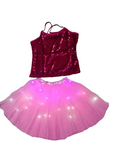 Kkalakriti Western Dance Skirt(LED) Top Pink Color Shiny Fancy Dress Costume For Kids Age 3-8Yrs