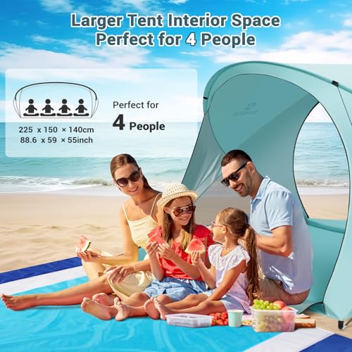 AugFir Beach Tent Sun Shelter, Beach Tent with Beach Mat Set, 4 Person Portable Beach Shade Canopy with UPF 50＋ UV Protection, Dual-Door Ventilation Design, Easy Setup Family Beach Umbrella (Green) - Thumbnail 3