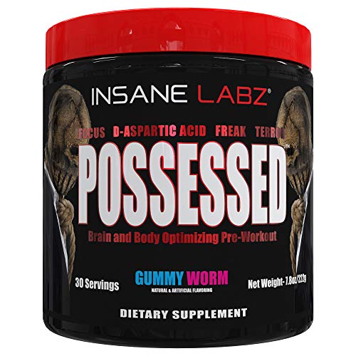 Insane Labz Possessed Low Stimulant Testosterone Boosting Pre Workout Powder, Loaded with D Aspartic Acid and Creatine Fueled by AMPiberry and OXYgold, 30 Srvgs, Gummy Worm