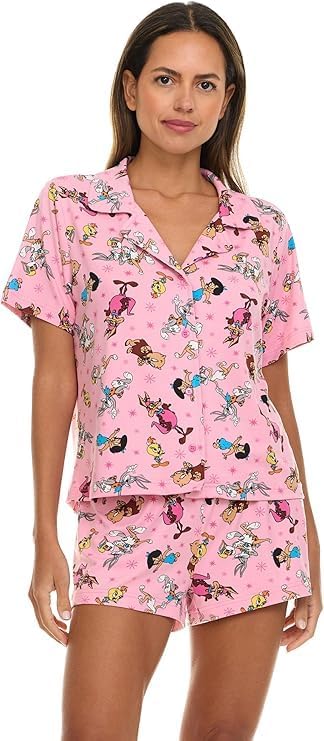 COCO BRANDS Looney Tunes Womens Pajama Sets - 2 Piece Short Sleeve Button Down Womens Sleep Shirts and Pajama Shorts (XS-XL)