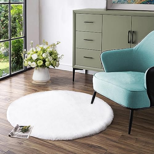 Image of Latepis White Fur Round Rug 90cm Non-Slip Washable Circle Fluffy Faux Rabbit Fur Rug for Photoshoot Plush Shag Furry Carpet for Living Room Bedroom