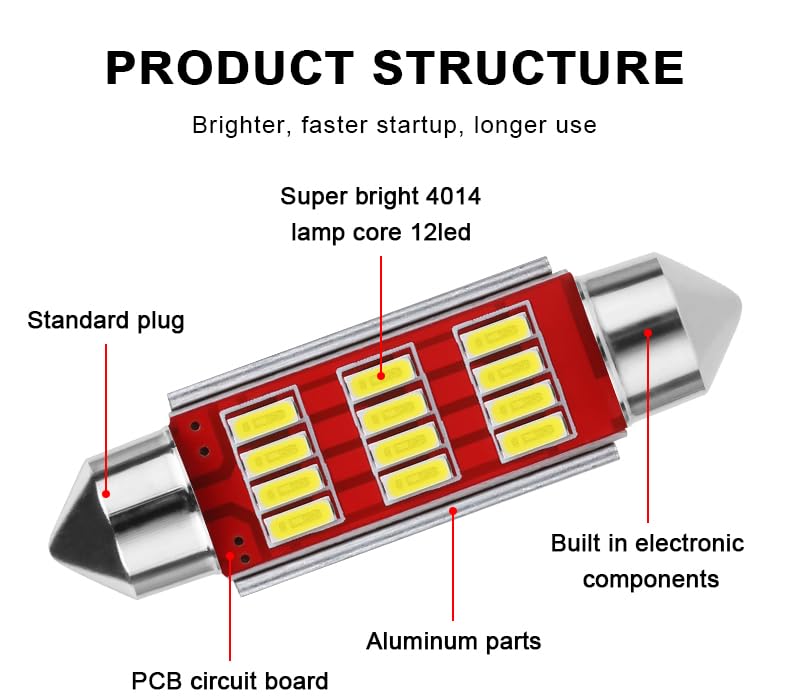 Gudahower Automotive Dome Light Bulbs Car LED decoding double tip 4014 12SMD for door roof light reading Interior lighting trunk 31/36/39/41MM 4014 (1pack/ 4pcs) (31MM)