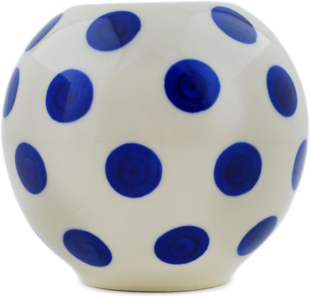 Polmedia Polish Pottery Candle Holder - Blue Polka Dot Beauty Pattern Handmade in Boleslawiec Poland by Ceramika Dalia + Certificate of Authenticity