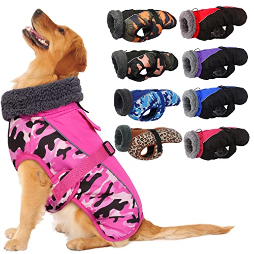 IECOii Extra Warm Reflective Adjustable Dog Jacket - Fleece Turtleneck Winter Coat for Small, Medium & Large Dogs XXX-Large(Chest:35.04-41.3 in) Pink Camo
