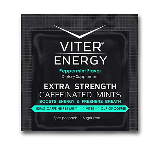 Viter Energy Caffeinated Mints - Extra Strength 80mg Caffeine, B Vitamins, Sugar Free Vegan Breath Mint. Powerful Energizing Boost. 1 Energy Mint = 1 Coffee, Gum, Chews, Gummies, Candy (Peppermint)