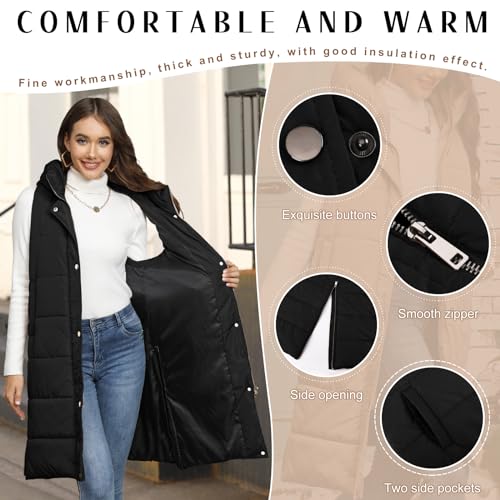 Long Puffer Vest Women Quilted Hooded Vest Zip Up Sleeveless Vests Outerwear Padded Jacket Warm Winter Coat 20254