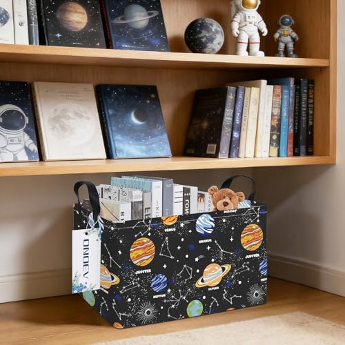 Image of Rectangular Planet Laundry Storage Bin for Adults and Kids | Damp resistant canvas fabric, sturdy stitched carry handles, foldable design organizes closet and playroom daily supplies