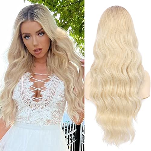 Luvbestaken Ombre Blonde Wigs for Women Long Wavy Blonde Wig Synthetic Heat Resistant Middle Part Wig Natural Looking Wigs for Daily Party Use 24 Inches