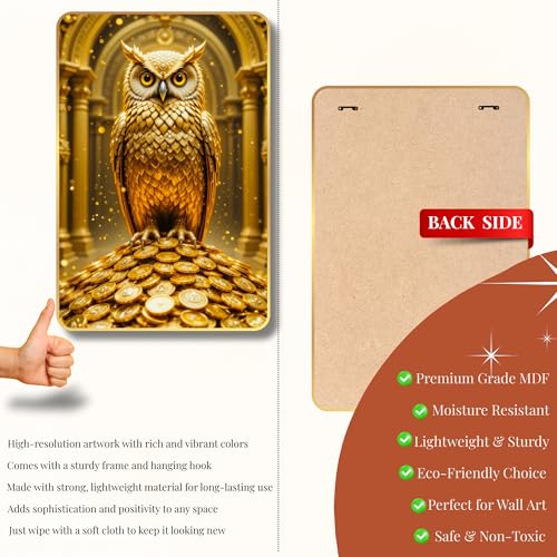 Image of Arkasto Golden Owl Sitting on Coins | Vastu Painting for Wealth & Prosperity | Golden Decorative Owl Wall Decor for Home & Office (Style-03, 12x18 inch)