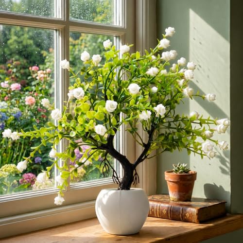 Image of Pack Of 2 , Mini Fake Flower Pot For Home Decoration Item , Artificial Flower Pot For Indoor Decor & Outdoor Decor , Office Plant Plant , Artificial Plants With Pot , Pink & White Blossom Faux Plants