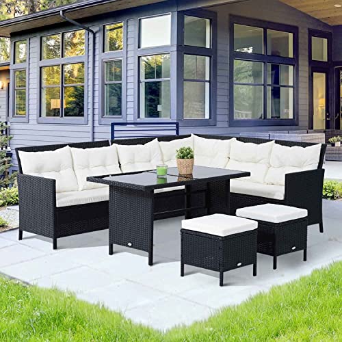 Image of DEVOKO 5 Piece Conversational Wicker Sofa Dining Table Set, Outdoor Patio Furniture Set for Garden, Lawn, Balcony (Black and White)