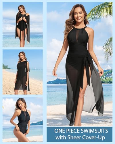 Image of Tempt Me Women One Piece Swimsuit Tummy Control Bathing Suit | High neck, Removable cups, Full coverage, Ruched, Mesh, Full lining