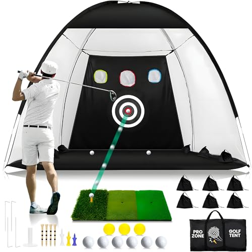Golf Net, 10x7FT Home Golf Practice Net for Backyard, Golf Hitting Net with Tri-Turf Mat for Indoor & Outdoor, Practice Equipment, Backyard Driving Chipping Swing Training for Golfers