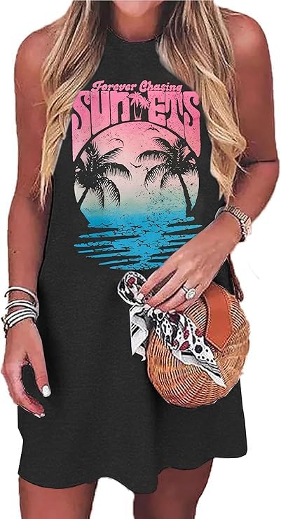 Image of Sun Salt Sand Coconut Tree Tank Mini Dress for Women Casual Loose Sleeveless Beach Praty Shirts Summer Vacation Short Dress