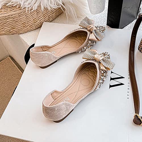 TN TANGNEST Womens Ballet Flats Fashion Bowknot Pointed Toe Flats Shiny Rhinestone Flats Comfort Slip On Dress Shoes Apricot 39(7.5)2