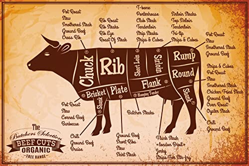 AGDeko® Blechschild 30x40cm Beef Cuts Organic Rind Fliesch Bio Organe Rippen Schulter Beine Bauch Nacken