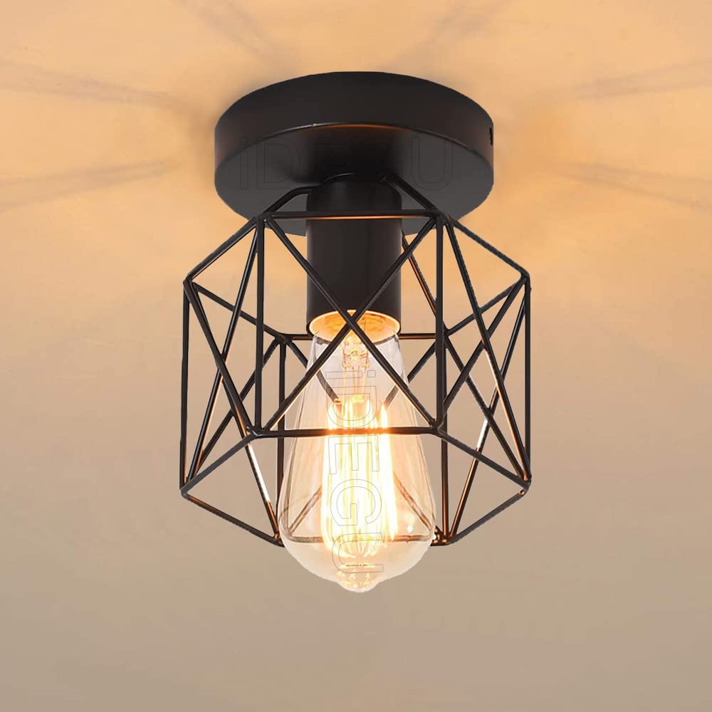 Idegu 15 Cm Hexagon, Black Industrial Metal Square Cage Ceiling Light, Chandelier Shade Iron Light Fixture E27 40W Black For Living Room Bedroom Bar (Hexagone 1 Pack)