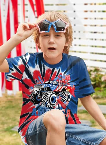 Image of BesserBay Unisex Kids 4th of July American Flag Tee Tie Dye Patriotic Short Sleeve Shirt 6-14 Years