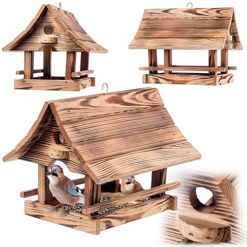 KADAX Vogelhaus zum Aufhängen, Vogelfutterhaus aus Holz, wetterfest Futterhaus für Vögel im Garten & Balkon, Vogelhäuschen, Vogelfutterstation (Hellbraun)