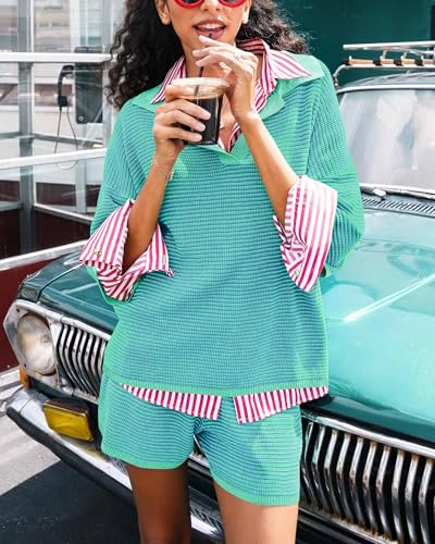Image of Tankaneo Womens Sweater Set 2 Piece Outfits Oversized 3 /4 Sleeve V Neck Knit Tops High Waisted Shorts Lounge Sets