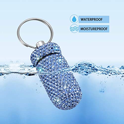 Portable Pill Case Pill Container Waterproof Pill Holder with Keychain Bling Pill Box Medicine Dispenser Bottle Storage for Outdoor Camping Travel (Sky Blue)