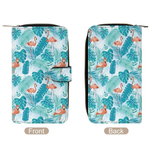 Pink Flamingo Floral Leaf Pattern Leather Wallets Large Capacity Zipper Pocket Card Holder with ID Window3