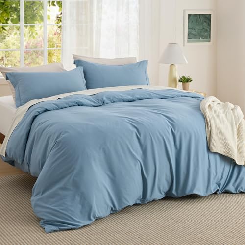 Image of Bedsure Textured Duvet Cover Queen Size - Cotton-Like Polyester Jacquard Duvet Cover Set for All Seasons - 3 Pieces Ultra Soft Bedding Set with 2 Pillow Shams, NO Comforter (Blue, Queen, 90 inchx90 inch)
