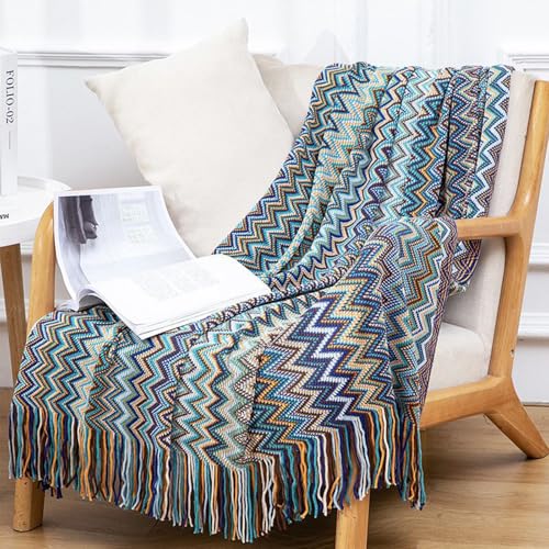 boiszeda Colorful Bohemian Throw Blanket with Fringe, Ethnic Style Knitted Blanket Sofas Ourdoor Travel Shawl Throws