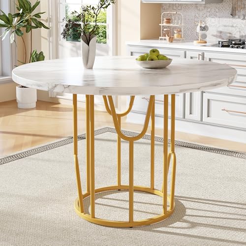 LUTUTU Mesa de comedor redonda (80 x 80 x 76 cm), mesa redonda ligera y lujosa para 4-6 personas, sala de estar y adecuada para comedor, mesa de mármol de MDF, patas doradas