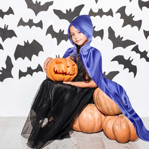 Aomig Schwarzer Umhang Vampir Umhang Jedi Mantel Mittelalter Umhang mit Kapuze für Erwachsene Unisex Scream Kinder Cape Kostüm Halloween Costume Maskerade Familienfeier Karneval Cosplay (Blau-150cm)