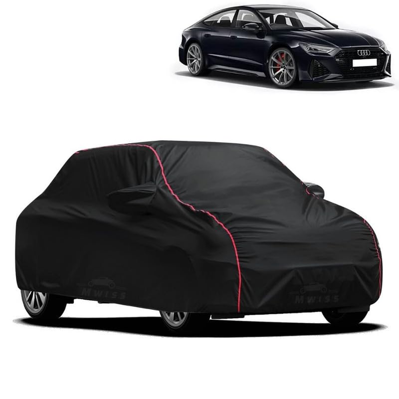 Image of Waterproof Car Cover for Audi RS7 | All-Weather Protection, Dustproof & UV Resistant | Triple Stitched Mirror Pockets, Windproof Buckle Strap with Elastic Hem, Black-Red Piping