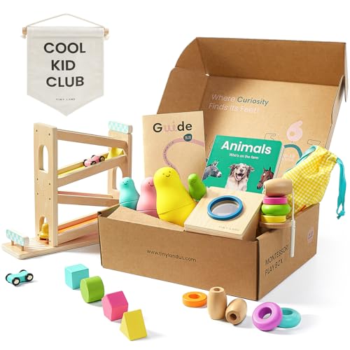 Image of Tiny Land Montessori Baby Toy Set 16-18 Months 7 in 1 Adventure Kit | Ramp race track, shape sorting box, color matching, lacing beads, nesting dolls, animals board book, fine motor play gift