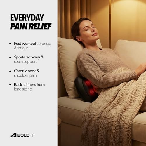 Image of Boldfit KnotRelief Electric Shiatsu Back & Neck Massager, 4 Deep-Kneading Nodes, Infrared Heat, Bi-Directional Rotation, Portable Back Massager for Pain Relief, Car & Home Use, 1-Year Warranty