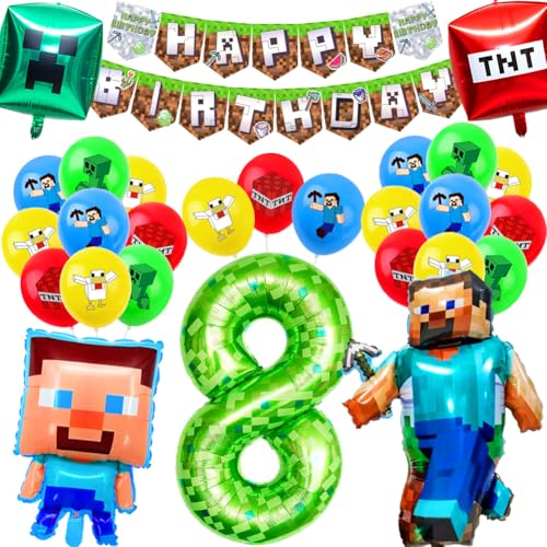 Decorações de aniversário de 8º jogador, decorações de festa infantil, faixa de balões, balões de papel alumínio, suprimentos de festa temática de jogos (8 anos)