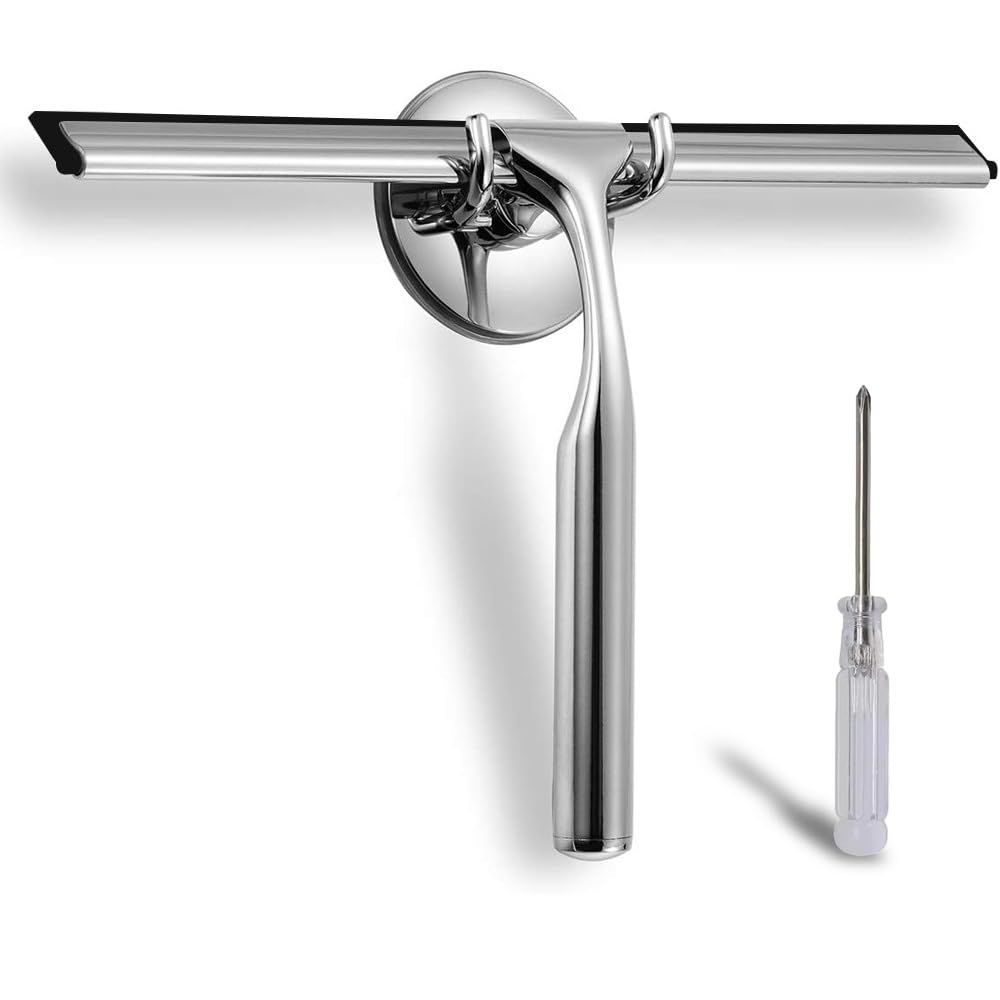 Muiltvoe Shower Squeegee, Stainless Steel Window Squeegee, 10 Inch Shower Screen Wiper Cleaner with Strong Suction Hook for Bathroom, Kitchen, Mirror, Car, Window, Glass Door and Windshield Cleaning