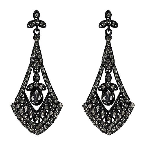 EVER FAITH Austrian Crystal Art Deco Boho Style Leaf Teardrop Pierced Earrings Grey Black-Tone