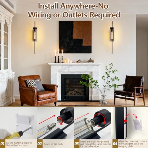 Battery Operated Wall Sconces Set of 2, 21" Dimmable Timer Remote Black Rechargeable Wireless Modern Wall Lights with Clear Glass, Wall Decor Fixtures for Bathroom Living Room Bedroom Hallway by LIKERTLA - Used condition - Image 7