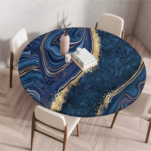 Treer Toalha de mesa antimanchas, fluída abstrata, toalhas de mesa com borda elástica ajustável , toalha de mesa redonda, toalha de mesa lavável exterior para piquenique e sala de jantar, azul marinho