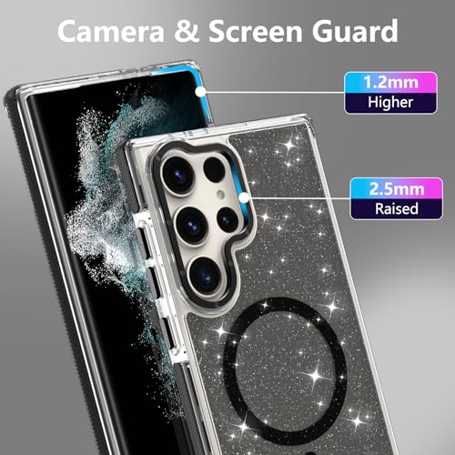 Image of Magnetic Case for Samsung Galaxy S22 Ultra [Compatible with Magsafe] [Bling Glitter Fluorescent Design] [1 Screen Protector] Slim Translucent Matte Case for Galaxy S22 Ultra 6.8 inch, Black