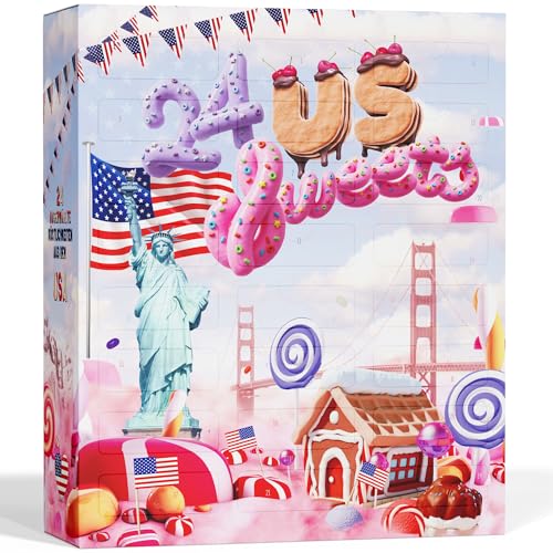 BOXILAND® Calendario de Adviento USA 2025 con dulces americanos [ORIGINAL US CANDY] – Para niños, mujeres y hombres – Calendario de Adviento de US Sweets – Golosinas típicas de Estados Unidos