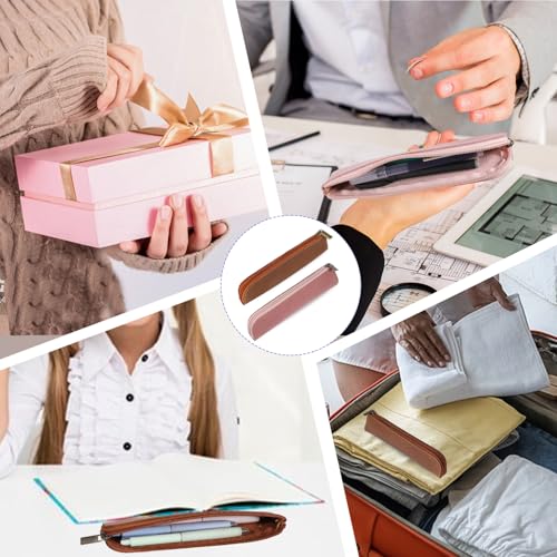 Image of Psyqtsuary Leather Pencil Pouch, 2 Pcs Soft Flat Slim Pencil Case Portable Small Pencil Pouch with Zipper Simple Makeup Bag Lipstick Case for Women Men Home, Office, Travel Outdoor (Pink, Brwon)