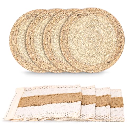 Zaxiva Juego de Manteles Individuales Boho de 4, Tapetes Salvamanteles Tejidos a Mano de Colores Tela Arpillera Natural con Borla, para Bodas en Granjas, Decoración de Mesas de Comedor, Cocina Casera