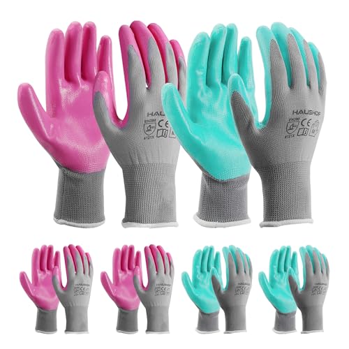 HAUSHOF Lot de 6 Paires de Gants de Jardinage Femme, Gants de Travail Anti-épines avec Enduits de Nitrile, pour Désherbage, Bêchage, Ratissage et Taille...