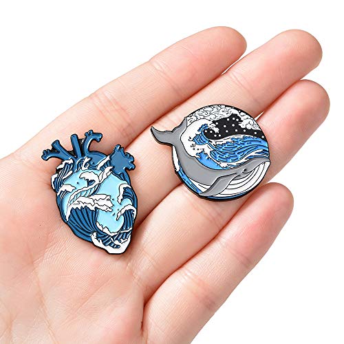 Gillna 5 Pcs Blue Ocean Wave Heart Enamel Pins Set Whale Brooches Lapel Pins Ocean Theme Freedom Blue Sea Art Badges for Bag Clothes Backpack Denim Jewelry Gifts - Thumbnail 6