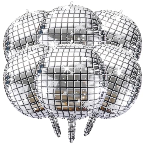 6 Pcs Silver Disco Balloons - 22 Inch 4D Round Disco Ball Balloon Metallic Mylar Balloons with Straw and Tie for 70s 80s 90s Themed Disco Party Decorations Bachelorette Party Supplies