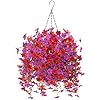 Spring Artificial Fake Hanging Flowers Plants with Basket Summer Outdoor DecorFaux Silk Colorful Daisy in Planter Boxwood No Fade Plastic Shrubs Decor Farmhouse Home Garden ThanksgivingRed Purple