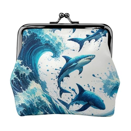 Pu Leather Buckle Coin Purse Marine-Sharks-Swirling-Ocean-Waves Girls Kiss-Lock Change Purse Wallets