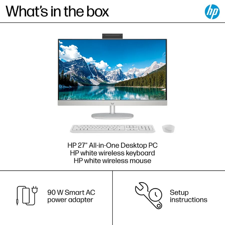 Image of HP 27 inch FHD Touchscreen All-in-One Desktop Computer, Intel 12-Core Ultra 7 155U, 8GB RAM 512GB Storage (256GB SSD+256GB Docking Set), Windows 11, Wireless Keyboard & Mouse, NLY Earphones, White