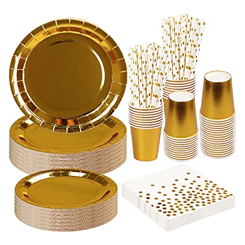 Rorchio Vaisselle Carton Anniversaire Or, Assiettes Dorée Carton Deux Tailles Gobelets Pailles en Carton et Serviettes pour Mariage, Noces, Noël et Fêtes, 24 invités
